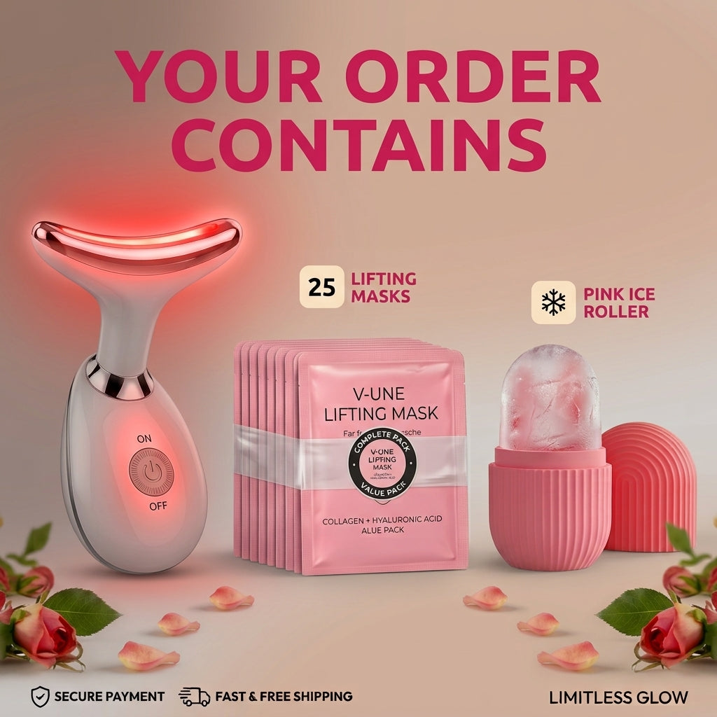 ✨Complete Electric Face & Neck Massager Kit + Ice Roller + 25 Face Masks   FOR 25 DAY COMPLETE SET/   مجموعة جهاز تدليك الوجه والرقبة الكهربائي